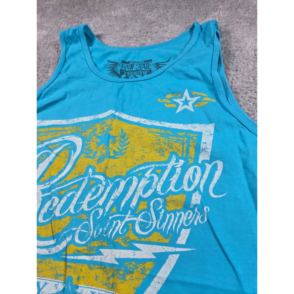 Raw State Premium Mens Redemption Saint Sinners Graphic Tank Top Turquoise M Y2K